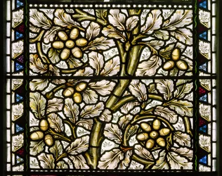 Kirkcaldy Old Kirk, Morris & Co., William Morris, ghiande e foglie di quercia, 1886