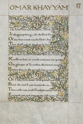 Il Rubaiyat di Omar Khayyam; versi 55 - 57. Scritto e decorato calligraficamente da William Morris, con bordi di fogliame e fiori