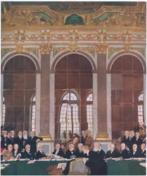 Firma della pace nella Sala degli Specchi, Palazzo di Versailles, 28 giugno 1919, da La Storia del Popolo Britannico di Cassell pubblicato da Waverley Book Company Limited, c.1940