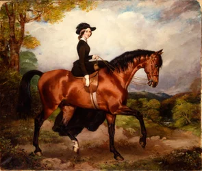 Ritratto di Mrs. Thomas Conolly, seduta a cavallo in abito da equitazione nero su un cavallo castano
