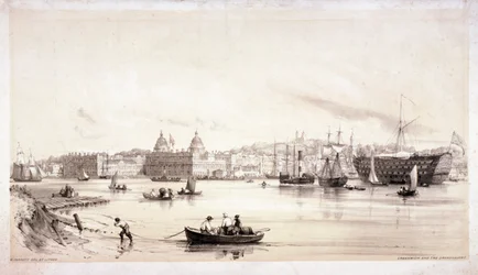Veduta di Greenwich attraverso il fiume Tamigi, Londra
