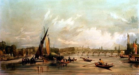 Ponte di Waterloo da ovest con una gara di barche (litografia)