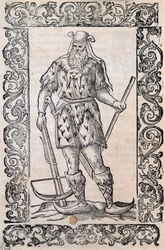Uomo con abito di pelliccia, balestra e scarpe con punta attorcigliata (esempio di sci rudimentali), illustrazione attribuita a Cesare Vecellio (1521-1601), pubblicata in Italia nel XVI secolo