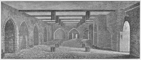 Interno della cripta chiamata la cantina della polvere da sparo sotto il vecchio palazzo di Westminster, c. 1883