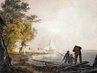 Castello di Cowes con barcaioli sulla riva