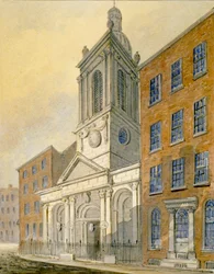 Veduta nord-est della chiesa di San Pietro-le-Poer e Old Broad Street, Città di Londra