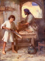 Gesù nella bottega del falegname, Luca ii, 51, 52 (litografia a colori)