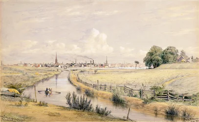 Jersey City con uno scorcio di New York dal canale di Bergen, 1854