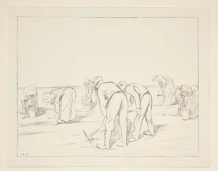 Lavoratori agricoli con picconi e secchi