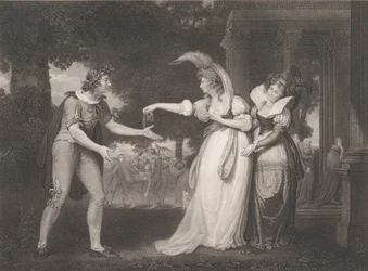 Davanti al palazzo del duca-Rosalind, Celia, Orlando, il duca..., prima pubblicazione 1800, ristampa 1852