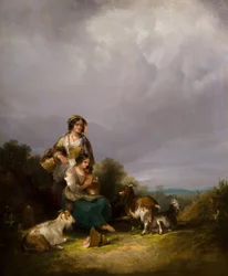 Due giovani donne e capre in un paesaggio