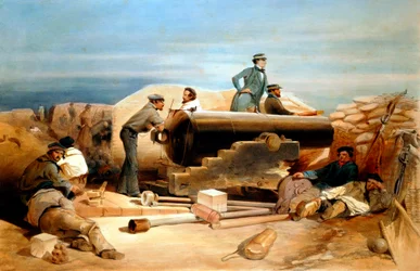 Una giornata tranquilla nella batteria Diamond - ritratto di un cannone Lancaster da 68 libbre, guerra di Crimea 1855-1856