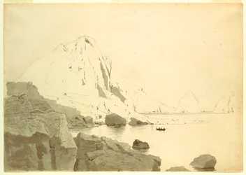 Disegno, Veduta di Capri, Italia, con la costa meridionale e il Faraglione, 1865 ca.