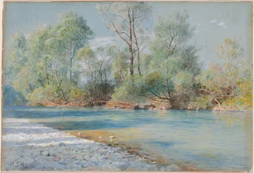 Fiume Traunstein sulla strada per Empfig, Baviera, 1893-96 circa (acquerello e gouache su carta blu)