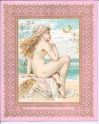 Cartolina di Capodanno vittoriana di una bellezza in spiaggia, c.1881