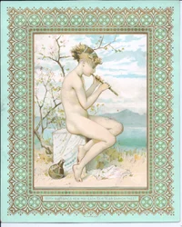 Cartolina di Capodanno vittoriana di una bellezza in spiaggia che suona un flauto, c.1881