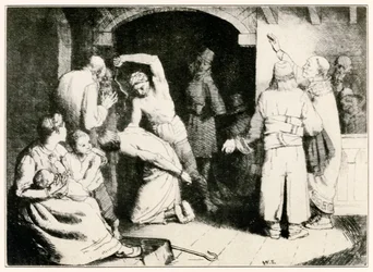 La flagellazione di Faithful da Il progresso del pellegrino da questo mondo a quello che verrà di John Bunyan (1628-1688) illustrazione di William Strang (1859-1921)