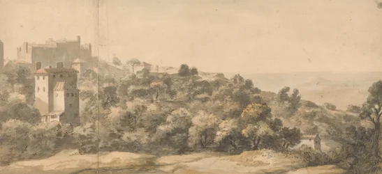 Paesaggio italiano: villaggio su una collina a sinistra, pendio verso destra, con valle distante oltre