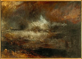 Mare tempestoso con relitto in fiamme