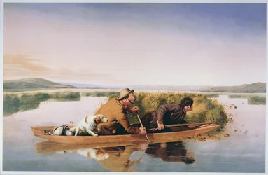 Cacciatori di anatre nelle paludi di Hoboken, New Jersey