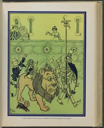 "Il soldato con i baffi verdi li guidò per le strade", illustrazione da "Il meraviglioso mago di Oz" di Lyman Frank Baum