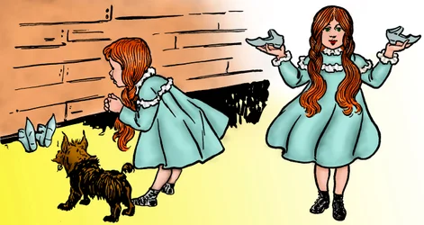 Il meraviglioso mago di Oz - Il mago di Oz: Modifica di due immagini di Denslow, William Wallace (1856-1915) realizzate per la prima edizione del 1900 del libro di Frank Baum (1856-1919) - Dorothee (Dorothy), accompagnata dal suo cane Toto, recupera le sca