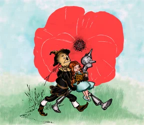 Il meraviglioso mago di Oz - Il mago di Oz: disegno di Denslow, William Wallace (1856-1915) per una delle prime edizioni del libro di Frank Baum (1856-1919) - Dorothee (Dorothy) e il suo cane Toto sono lontani dal campo di papaveri mortali grazie allo spav