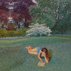 Ragazza che legge con un paesaggio