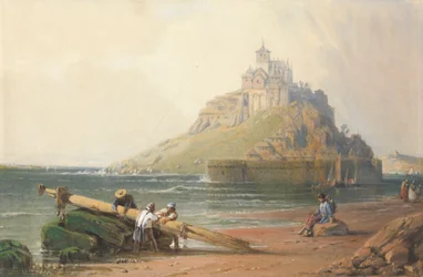 Vista di Mont St. Michel con figure sulla spiaggia