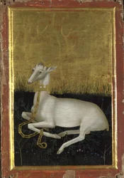 Un cervo bianco incatenato con una corona intorno al collo Il pannello esterno del Dittico di Wilton, tra il 1395 e il 1399