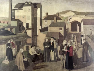 Una scena in una strada di villaggio con operai del mulino che conversano