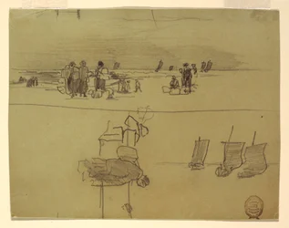 Disegno, Scena di spiaggia con donne che trasportano cesti, Cullercoats, Inghilterra, 1881-82