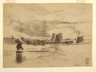 Disegno, Spiaggia con bassa marea, Cullercoats, Inghilterra, 1881