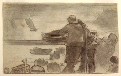 Disegno, Spiaggia con barche e persone, Cullercoats, Inghilterra, 1881-82
