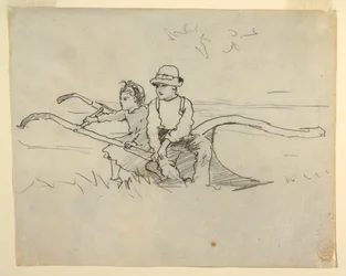 Disegno, ragazzo e ragazza seduti su un aratro, 1879
