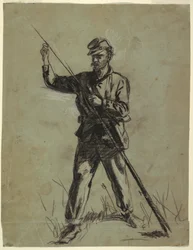 Disegno, soldato di cavalleria che carica un fucile, 1863-64