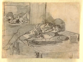 Disegno, uomo cinese che fuma una pipa di oppio, Club House di Baxter Street, New York City, 1874 ca.