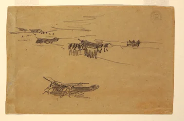 Disegno, schizzi di gommoni su carrozze, 1881