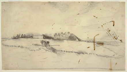 Disegno, tre barche con pescatori che stendono una rete, 1881-82