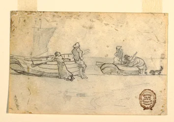 Disegno, Due barche sulla spiaggia con figure, Cullercoats, Inghilterra, 1881-82