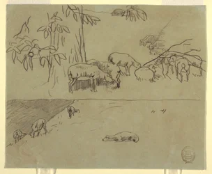 Disegno, Due vedute di pecore al pascolo in un campo, probabilmente 1875-78