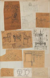 Pagina di un album contenente disegni e diverse stampe di architettura