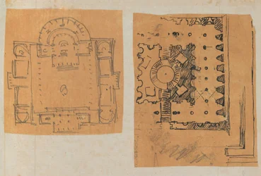 Pagina di un album contenente disegni e diverse stampe di architettura, int..., ca. 1800-1850. Creatori: Officina di Charles Percier, Officina di Pierre François Léonard Fontaine