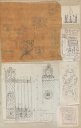 Pagina di un album contenente disegni e diverse stampe di architettura, ca. 1800-1850. Creatori: Officina di Charles Percier, Officina di Pierre François Léonard Fontaine