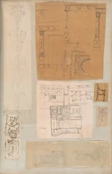 Pagina di un album contenente disegni e diverse stampe di architettura