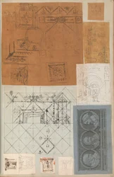 Pagina di un album contenente disegni e diverse stampe di architettura, ca. 1800-1850