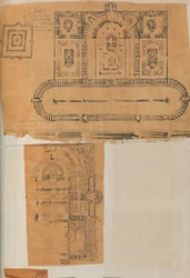 Pagina di un album contenente disegni e diverse stampe di architettura, ca. 1800-1850. Creatori: Officina di Charles Percier, Officina di Pierre François Léonard Fontaine