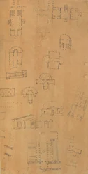 Pagina di un album contenente disegni e diverse stampe di architettura, ca. 1800-1850. Creatori: Officina di Charles Percier, Officina di Pierre François Léonard Fontaine