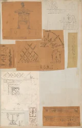 Pagina da un album contenente disegni e diverse stampe di architettura