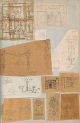 Pagina da un album contenente disegni e diverse stampe di architettura, ca. 1800-1850. Creatori: Officina di Charles Percier, Officina di Pierre François Léonard Fontaine
